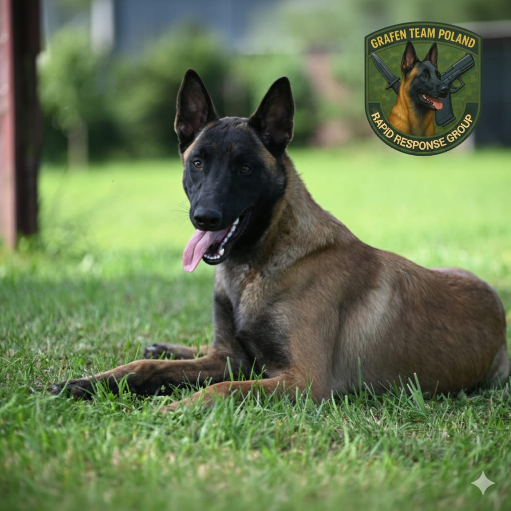 pies lezacy na trawie z logo